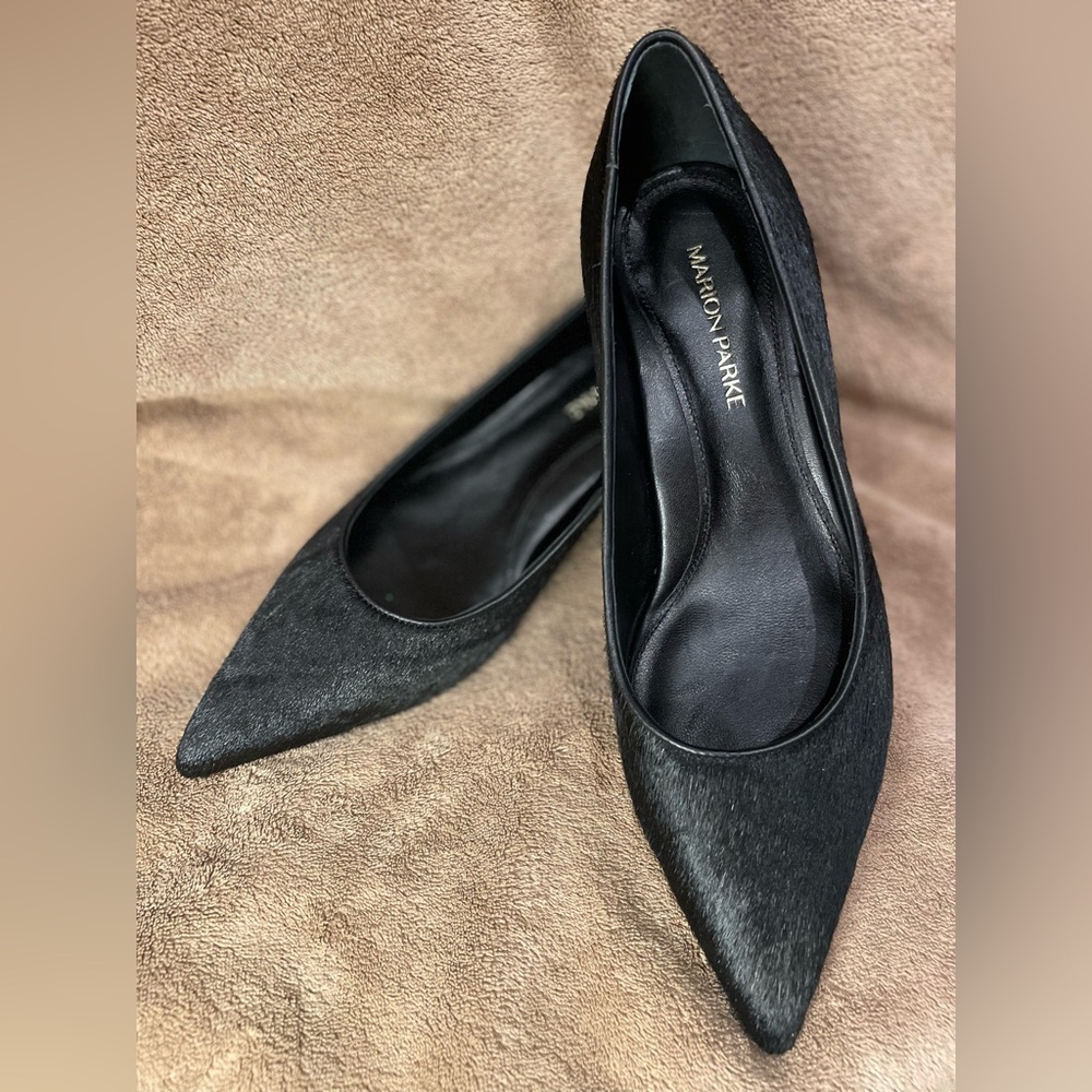 NEW MARION PARKE Classic Pump 45 Womans Size 37.5 Calf Hair Black Leather Heels